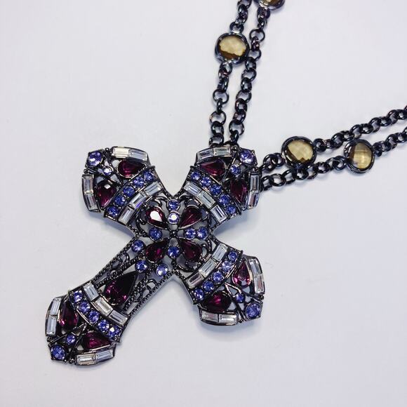 Real Collectibles by Adrienne Glass Rhinestone Cross Pendant Necklace Purple 50" - Picture 13 of 13